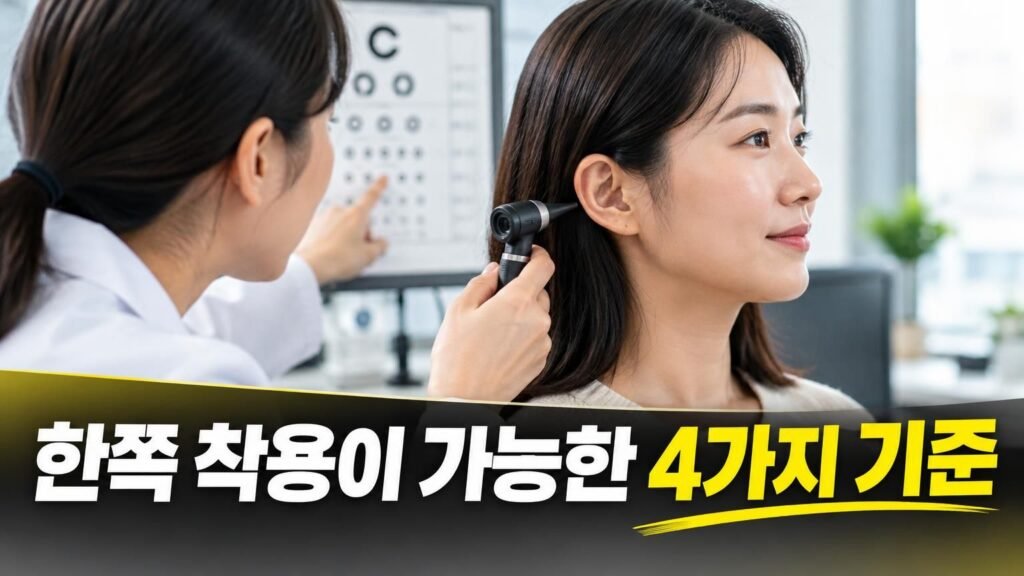 청력 검사 결과를 확인하며 보청기 편측 착용 기준을 설명하는 모습