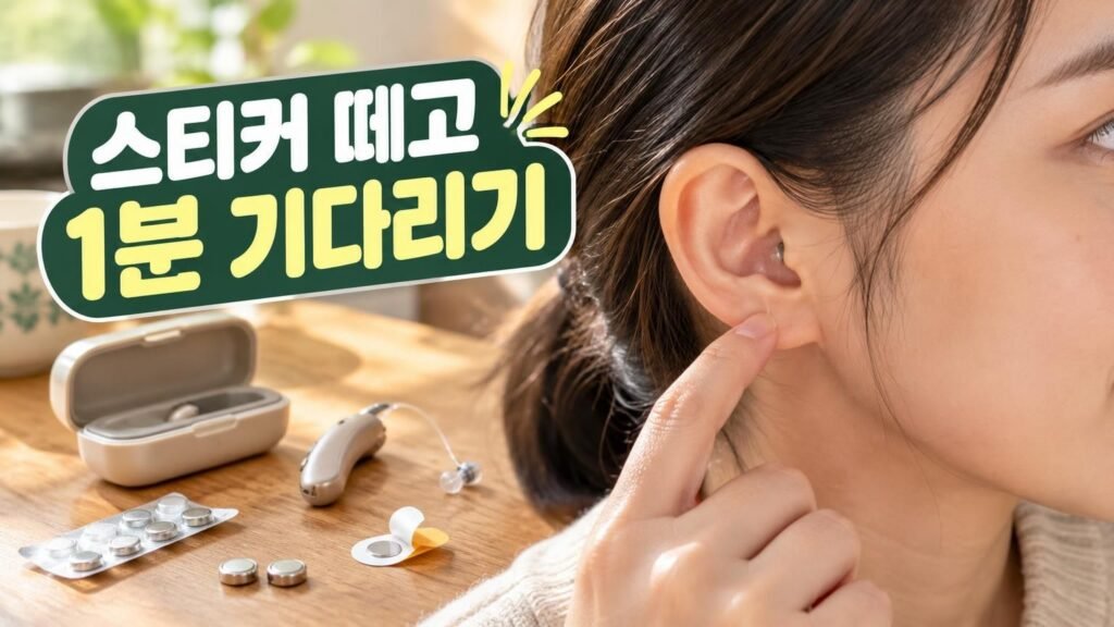 테이블 위에 놓인 보청기와 작은 공기아연 건전지