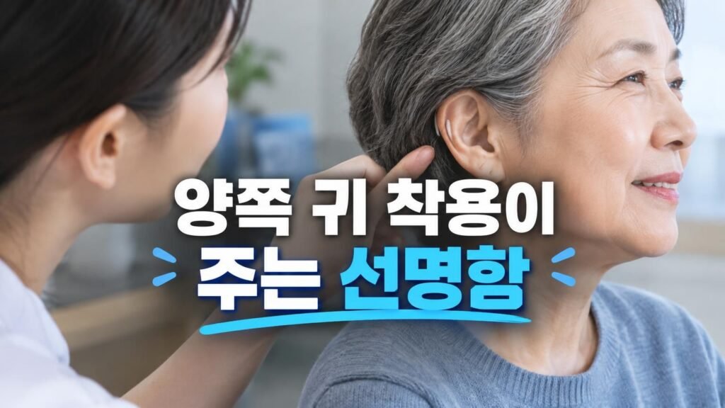 노인성 난청 상담을 위해 양쪽 귀에 착용할 보청기를 점검하는 모습