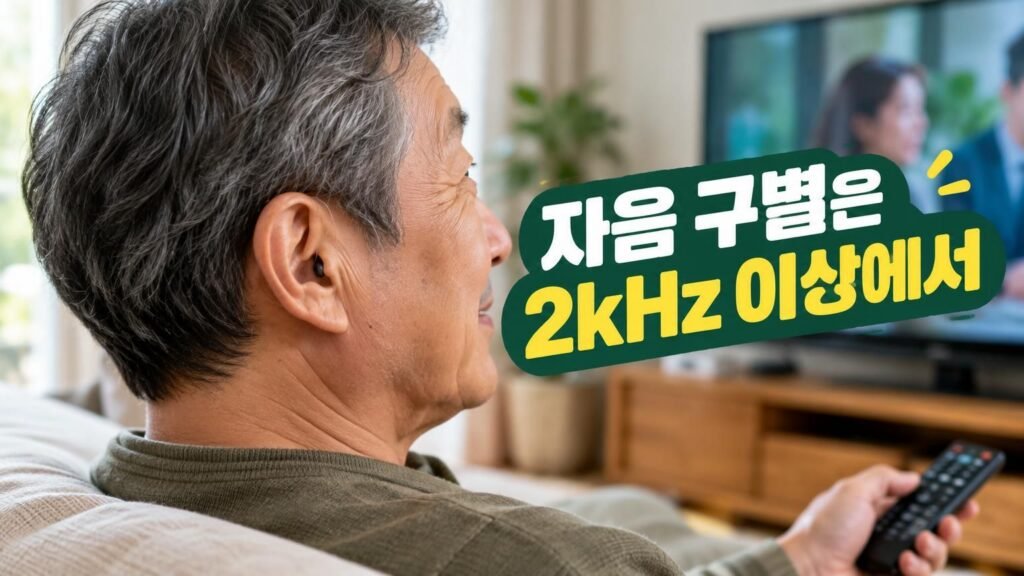 TV 화면과 보청기를 착용한 채 소리를 조절하는 모습