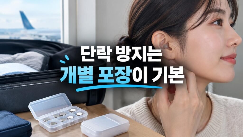 비행기 기내 휴대용 가방에 안전하게 보관된 보청기 배터리와 전용 케이스