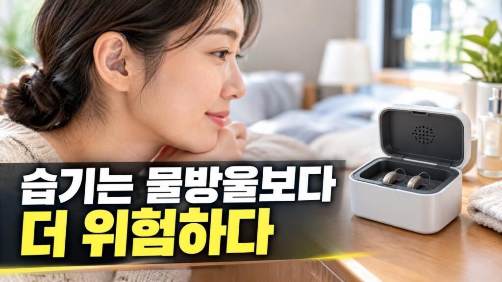 테이블 위에 놓인 보청기 전용 건조 케이스와 보청기