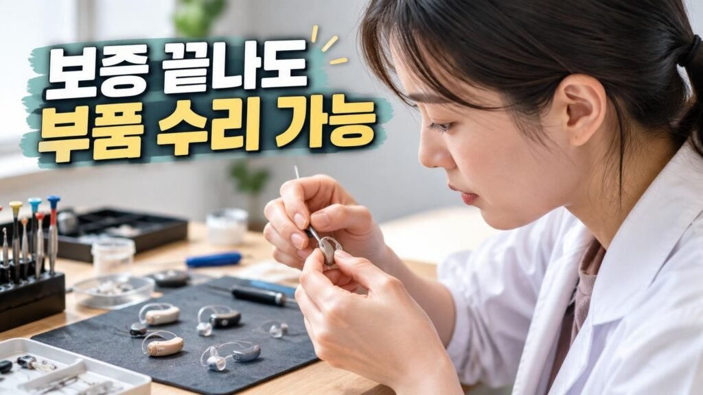 보청기 내부 부품과 점검 장비가 놓인 작업대
