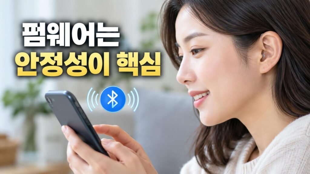 보청기와 스마트폰 전용 앱 화면을 확인하는 모습
